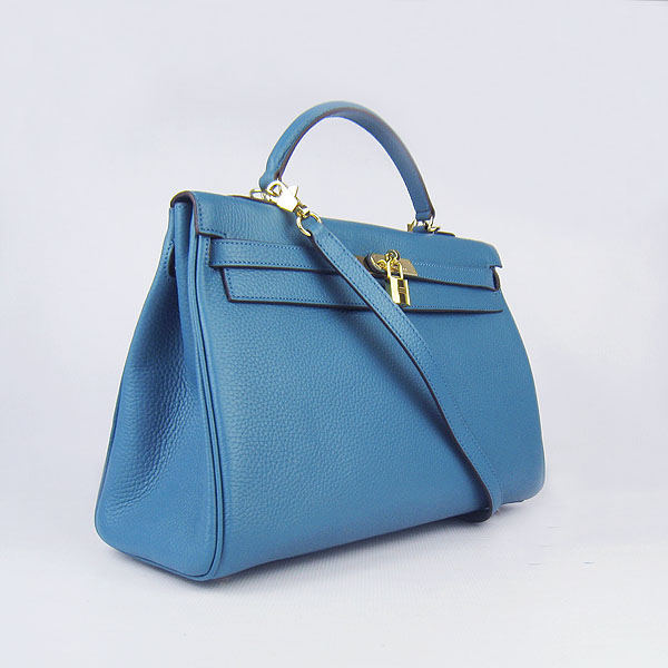 High Quality Hermes Kelly 35CM Togo Leather Bag Middle Blue 6308